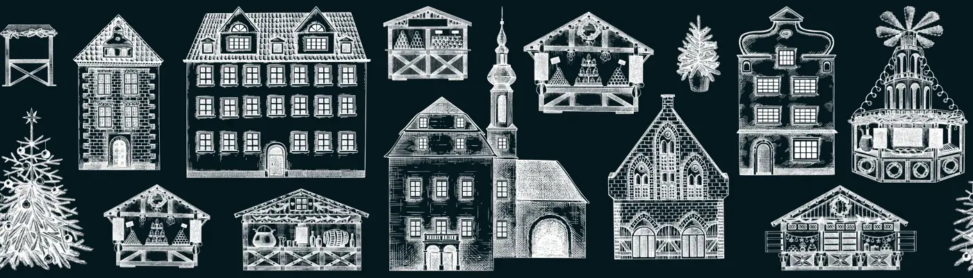 Vintage Christmas banner. Old houses seamless pattern. Christmas fair border. City architecture sketch, hand-drawn vector illustration. NOT AI generated Illustration